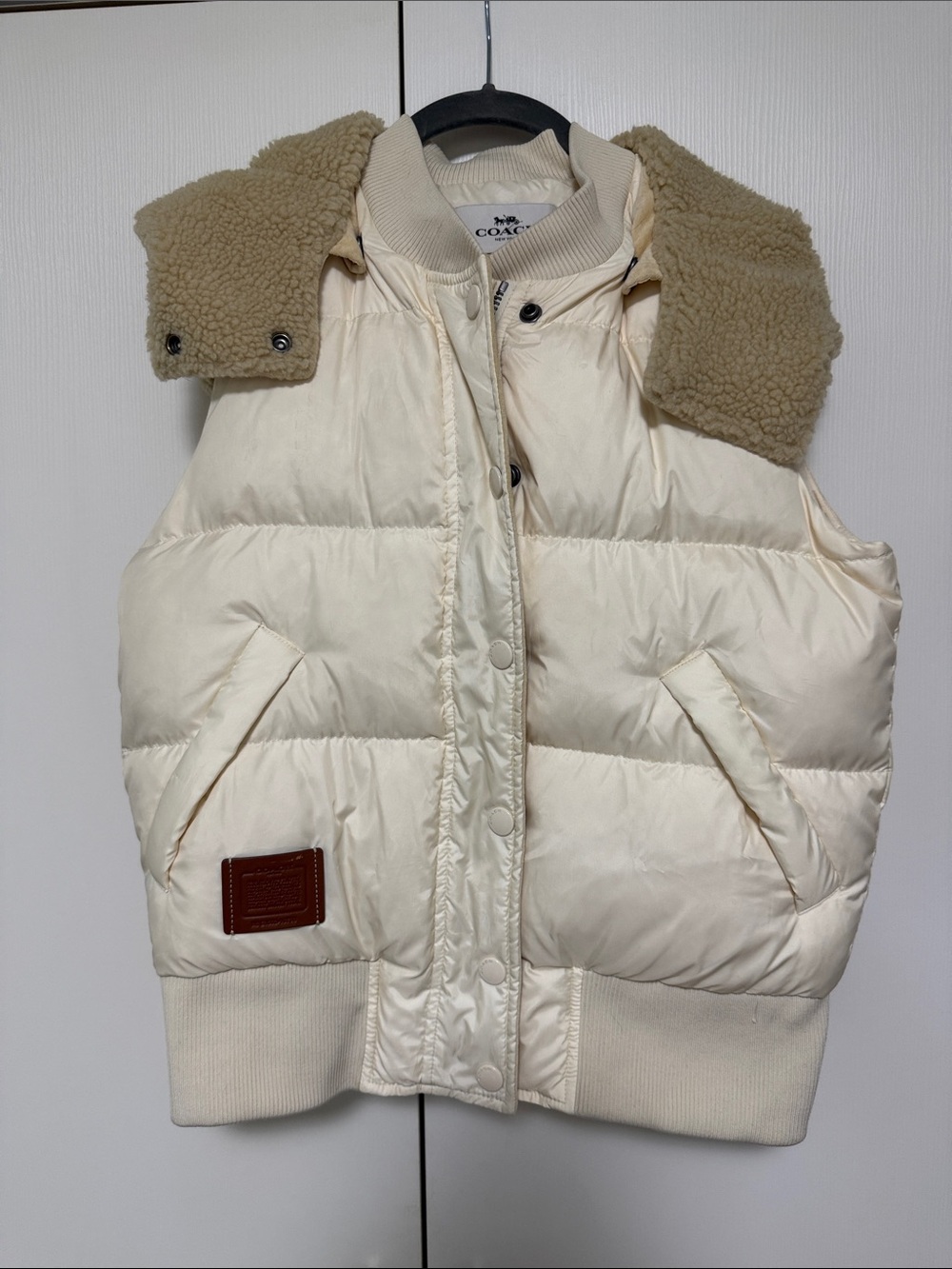 Coach Cream Quilted Puffer Vest with Tan Sherpa Collar and hood